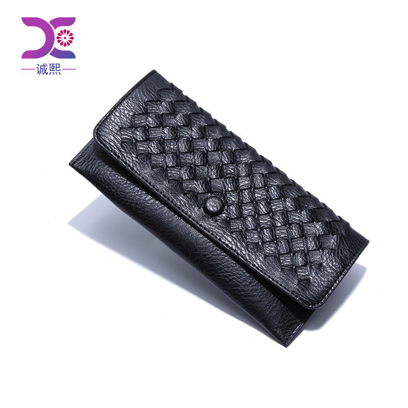 2025新款韩版长款纯色简约钱包零钱包手工编织女士手拿包一件代发