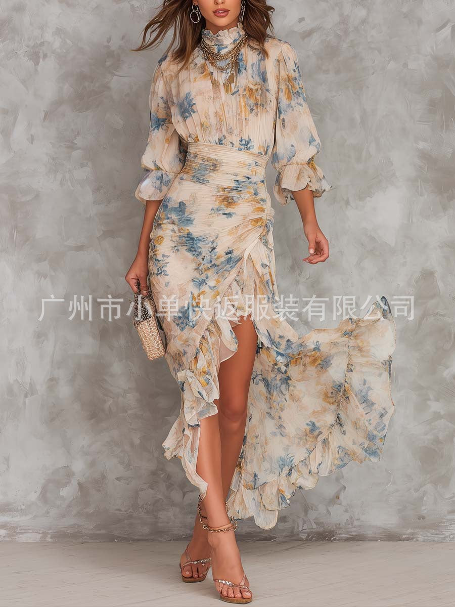 2026新款法式泡泡袖印花修身长裙欧美跨境时尚雪纺荷叶边连衣裙