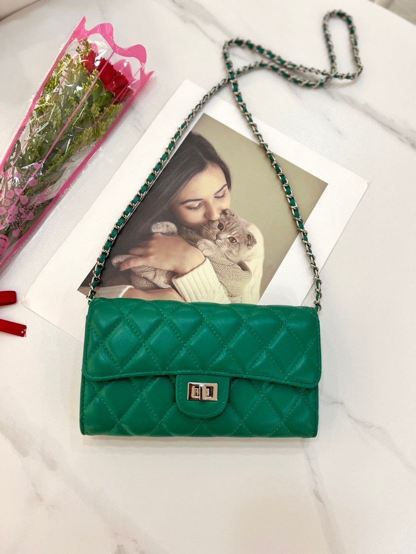 大牌品牌 小香风零钱包迷你小方包黑色手机包单肩斜挎菱格链条包