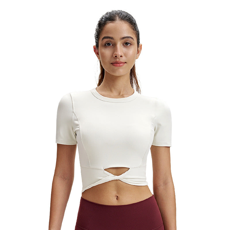 修身瑜伽T恤女lulu短款下摆扭结短袖高弹力露脐运动衫健身服上衣