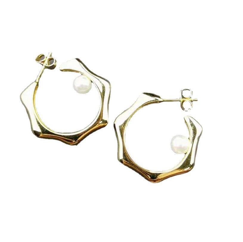 赛家新款不规则圆圈耳圈法式复古气质耳钉单珠耳饰几何珍珠耳环