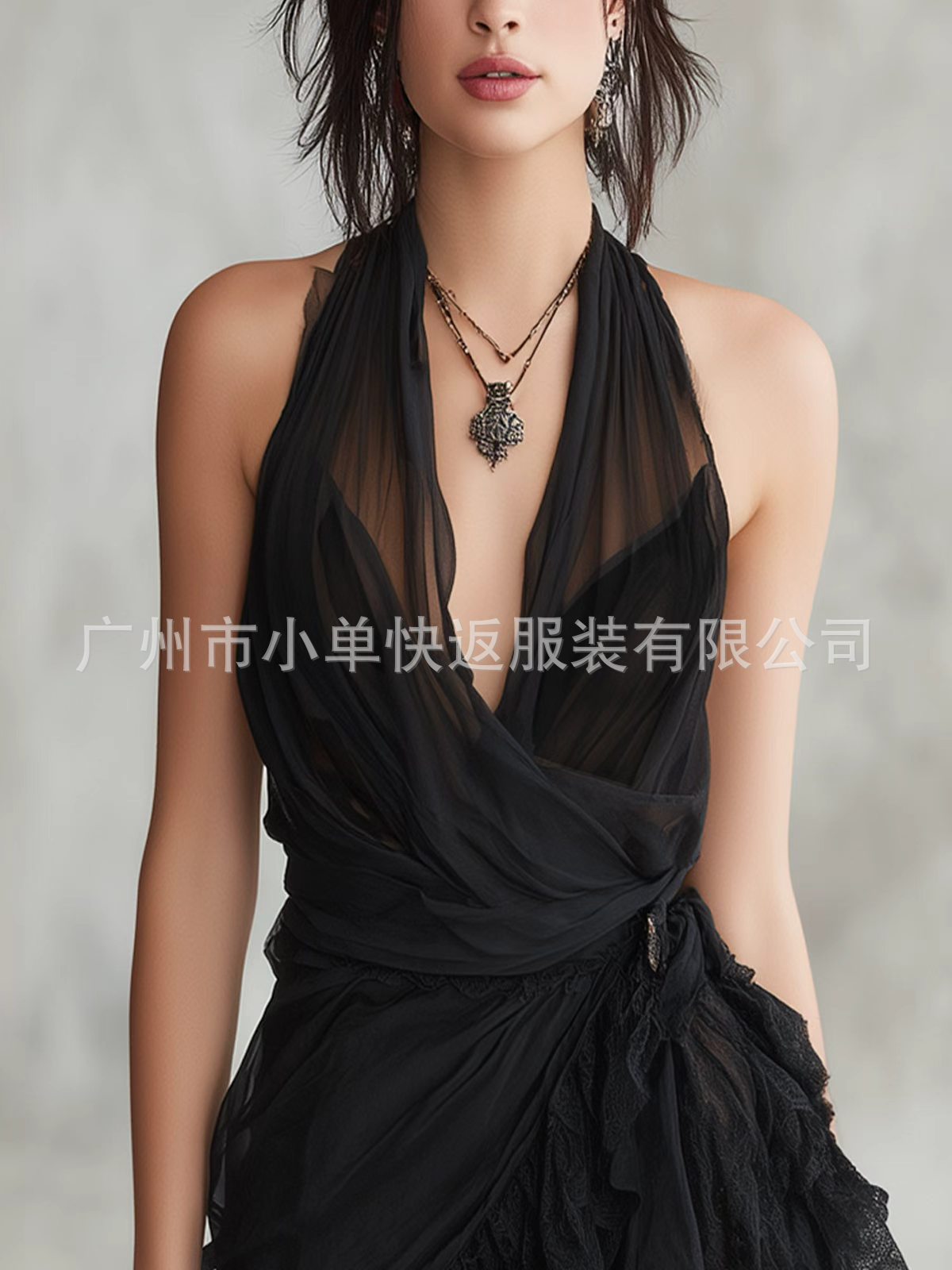 亚马逊独立站2026夏季新款黑色吊带深V领雪纺蕾丝花边连衣裙