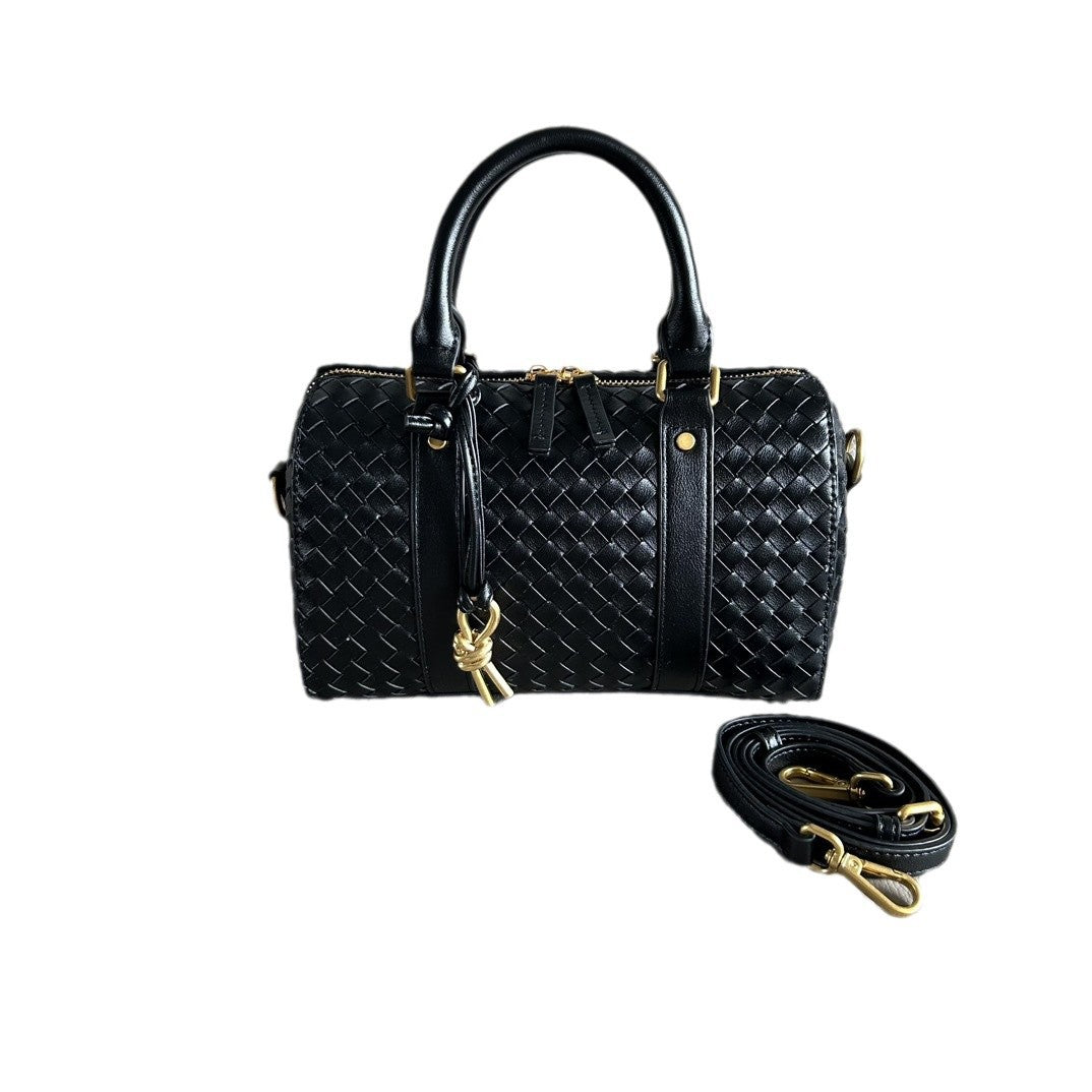 编织牛皮波士顿枕头包2024秋冬新款手工时尚通勤单肩斜挎包手提包