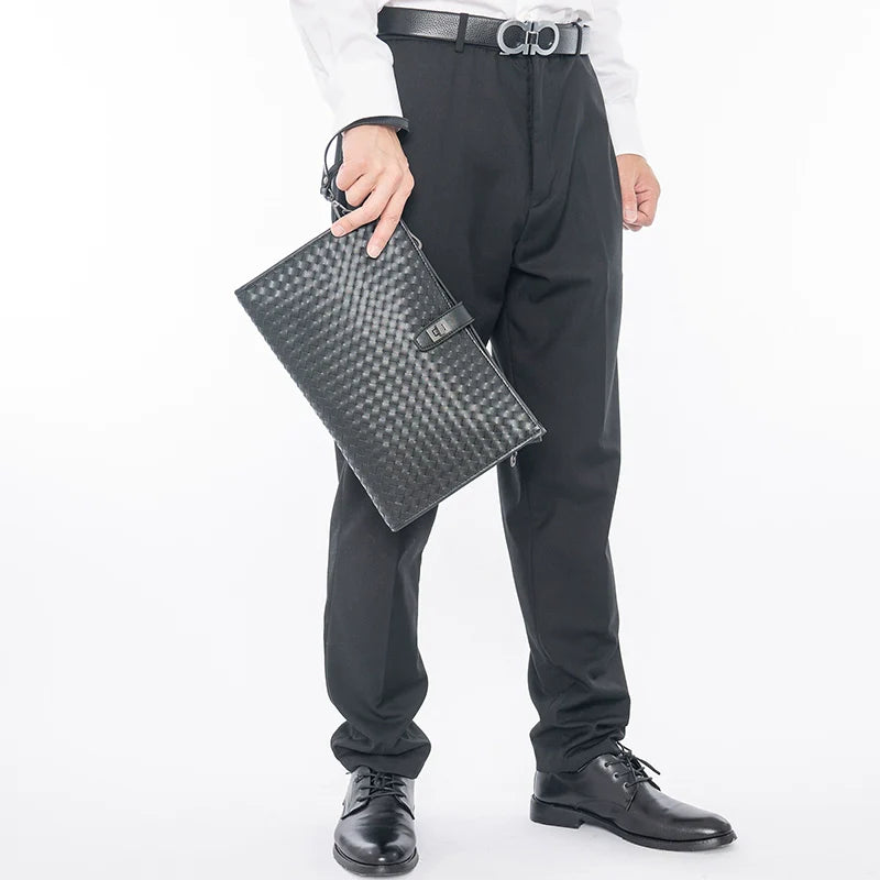 X&BV男士包包单肩斜挎包真皮休闲横款编织多功能大容量手拿包男潮