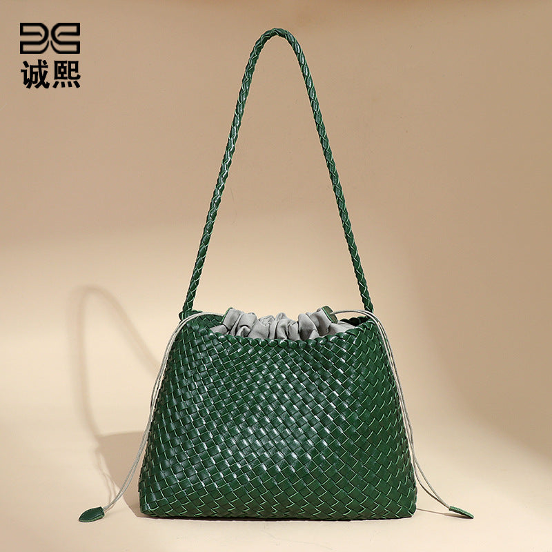 韩版时尚单肩女包大容量菜篮子母包手工编织包包潮流纯色腋下女包