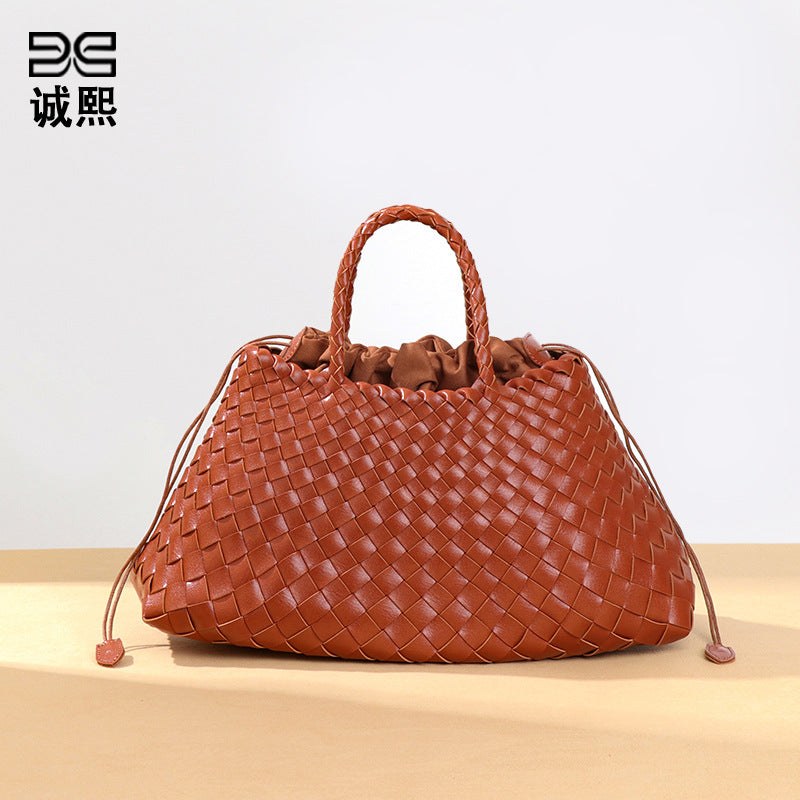 高级感纯色大容量子母手提包纯手工编织女包复古潮流菜篮子托特包