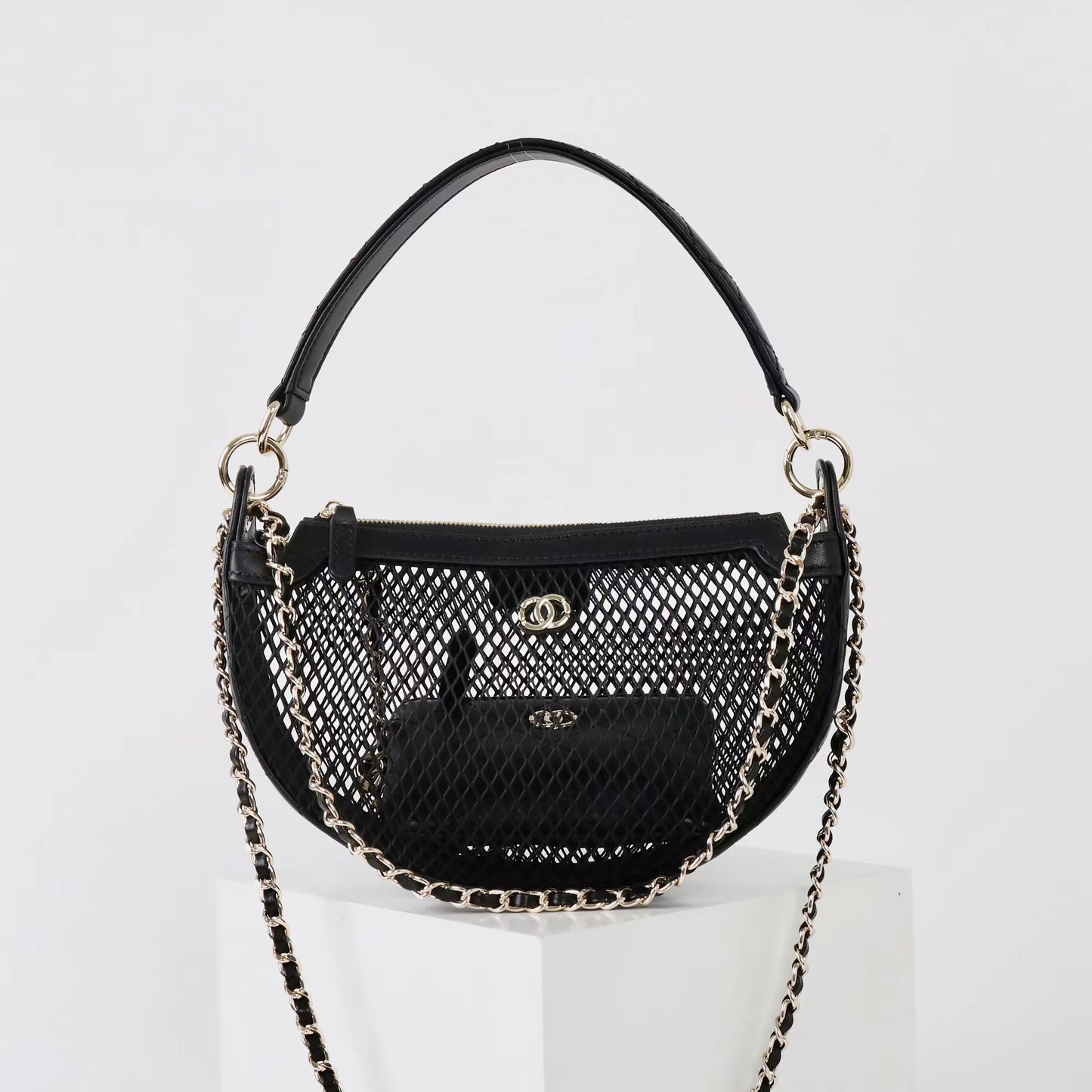 小香风25S编织镂空新月包高级感真皮单肩斜挎链条包手提DIY网纱包