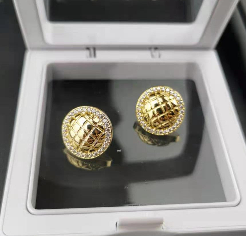 赛家新款耳钉女圆圈网纹帽子时尚气质潮流耳饰品金色格纹耳环女