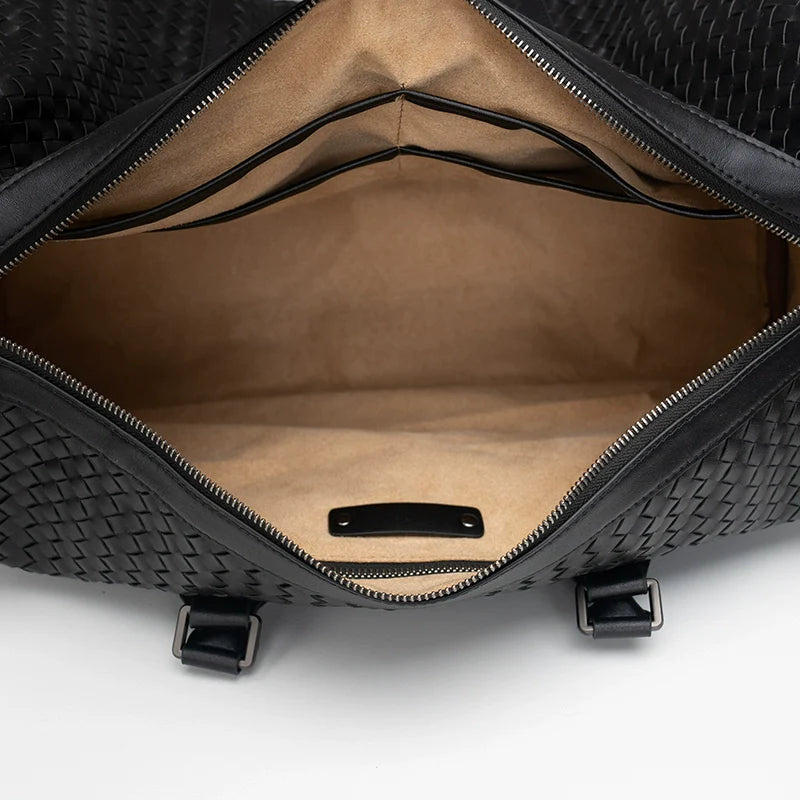 X&BV男士手提旅行包真皮大容量商务编织单肩斜挎包健身短途行李包