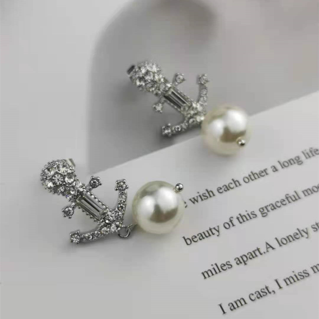 缪家新款设计感微镶珍珠锆石船锚精致耳环耳钉高级感个性气质耳环
