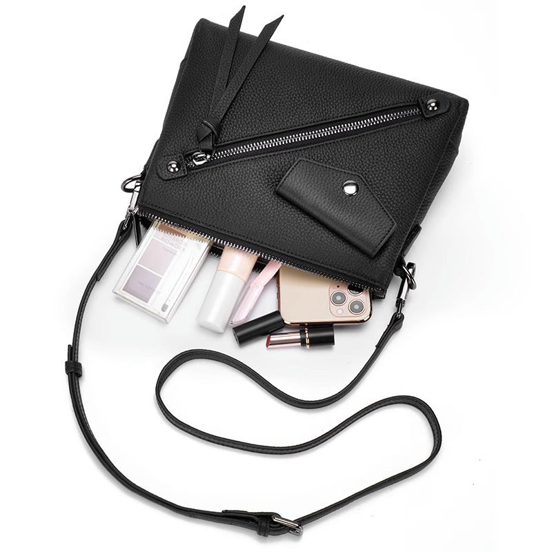 潮牌机车风格斜挎包女百搭大容量单肩小方包包黑色真皮厂无痕代发