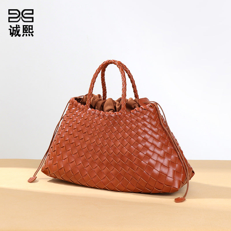 高级感纯色大容量子母手提包纯手工编织女包复古潮流菜篮子托特包