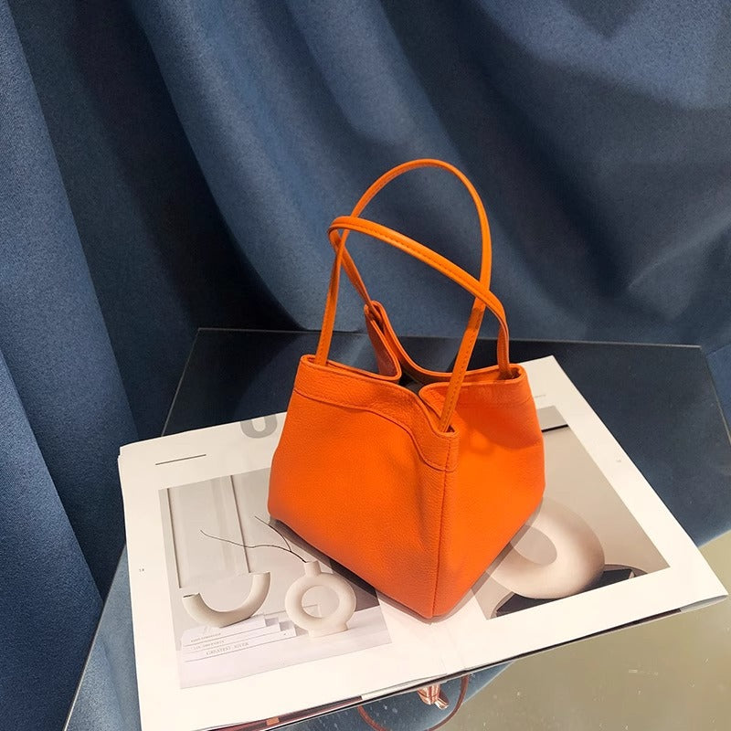 新中式国风晕染菜篮子包牛皮绸缎锦囊包手提包女单肩斜挎包水桶包