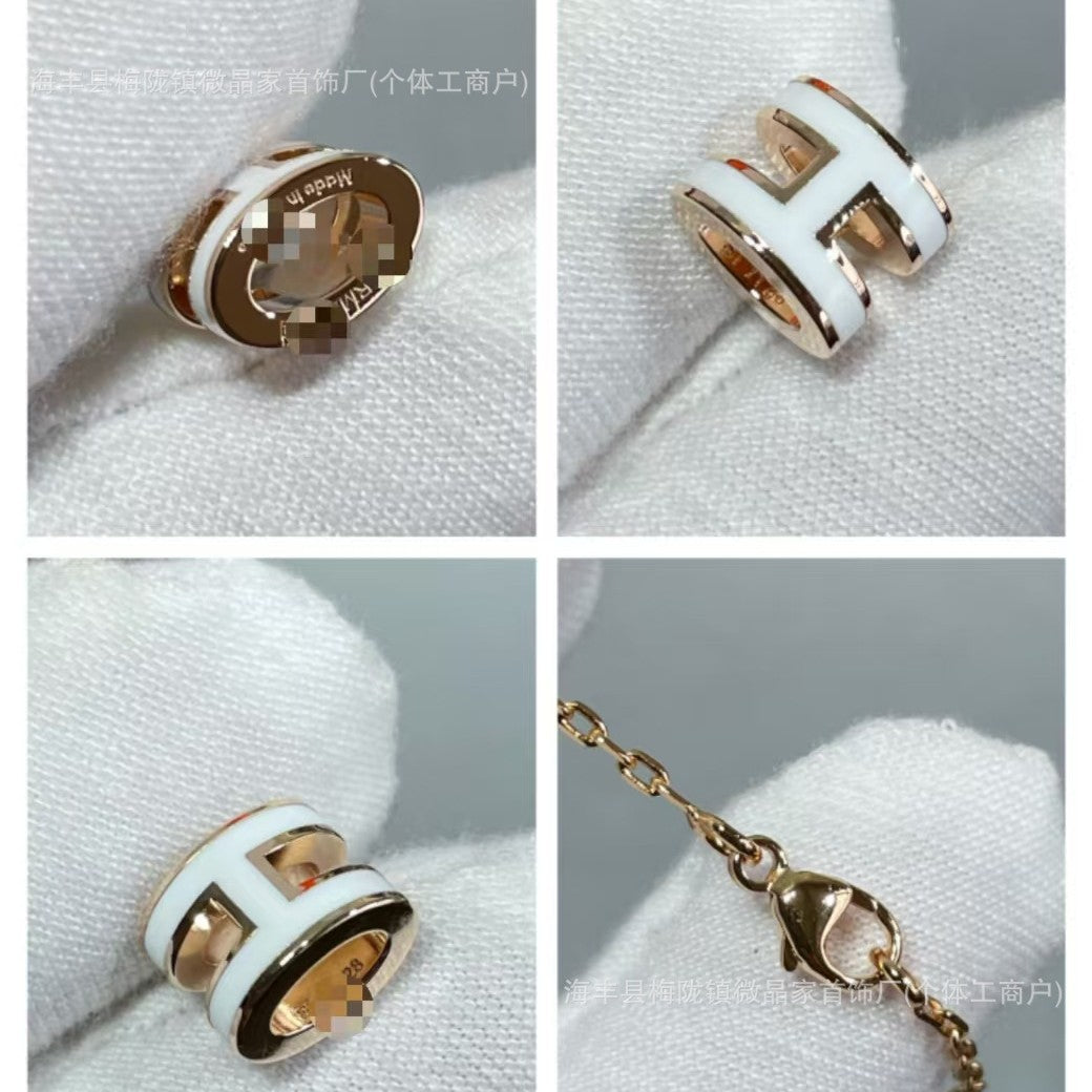 高版本H家H字母项链珐琅精工CNC锁骨链厂家直销S925银镀18K玫瑰金