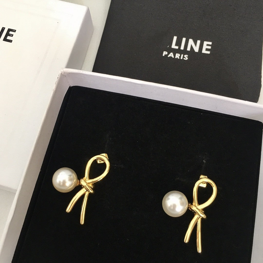 赛家新款几何形耳环法式复古时尚简约金色耳饰品打结珍珠耳钉女