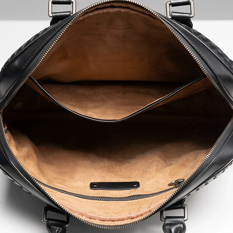 X&BV手提包男商务电脑包大容量编织男包单肩挎包包男士公文包真皮