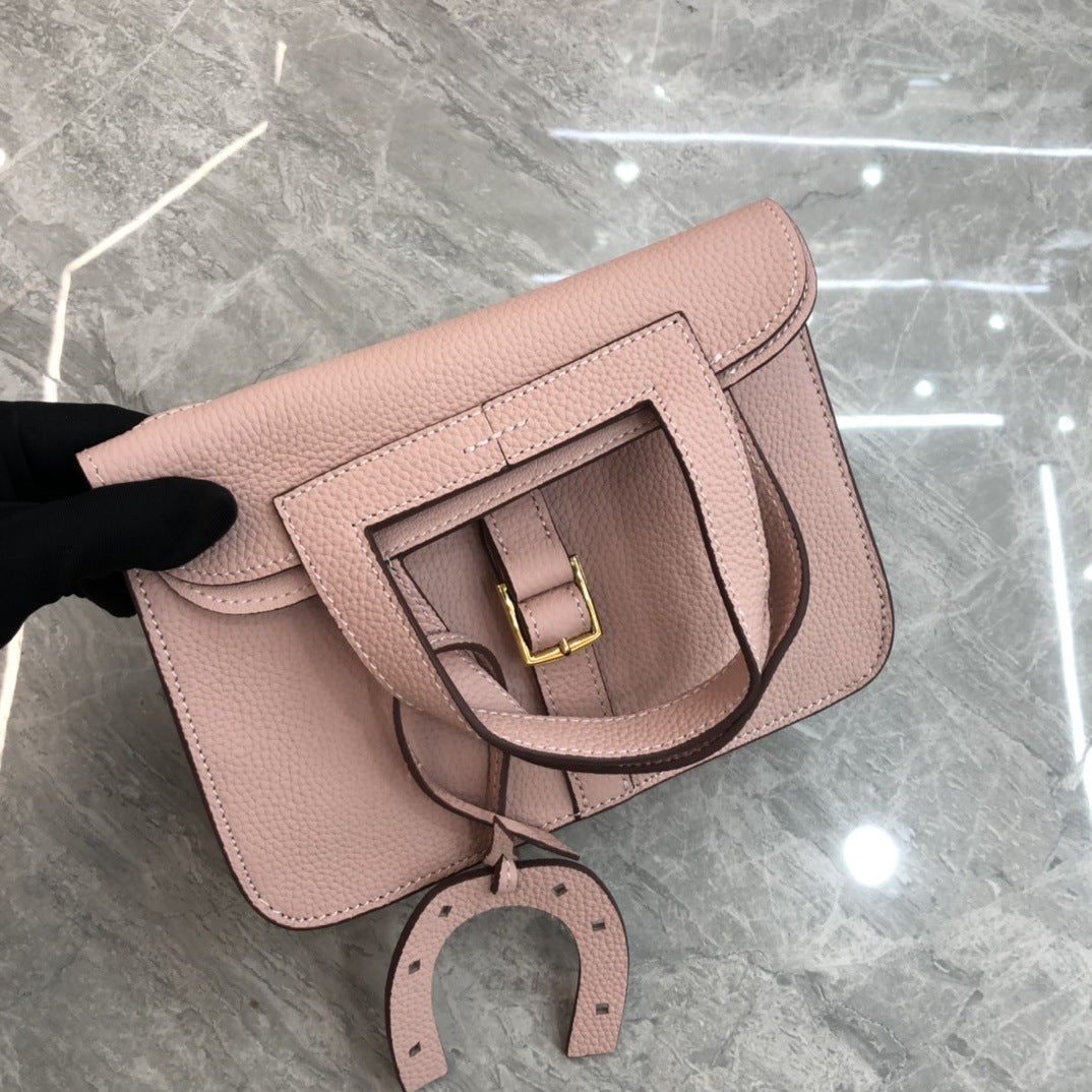 2024新马蹄包时尚单肩斜跨手提荔枝纹头层牛皮休闲真皮女包哈赞包