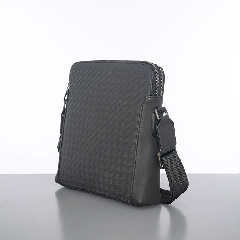 X&BV男包单肩包男士斜挎包商务休闲编织双拉链真皮包包背包男竖款