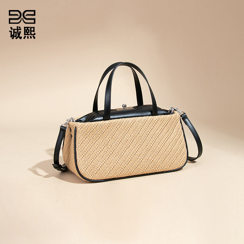 夏季时尚小众拉菲草手提女包简约百搭单肩斜跨包休闲手拎小方包包