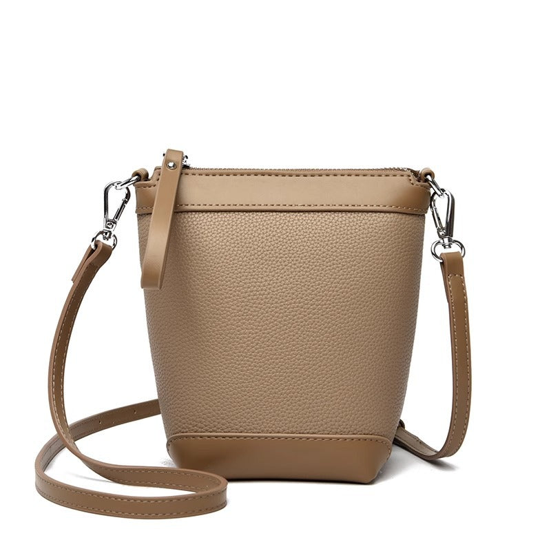 牛皮帆布拼接mini水桶包包女2023夏季单肩斜跨包韩版休闲手机包潮