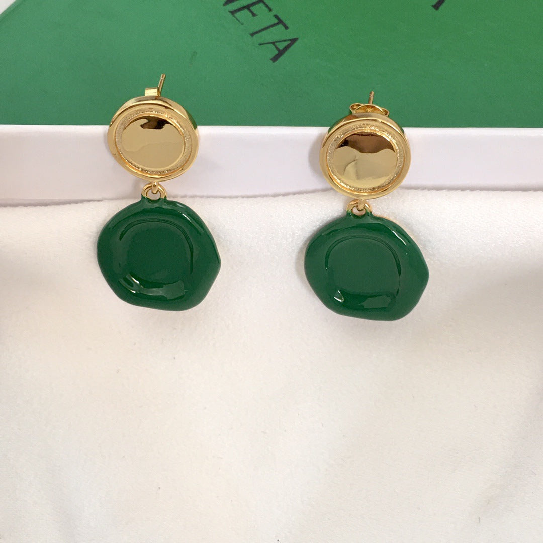 BV家21新款几何形绿色圆牌耳钉女高级感气质欧美风光面珐琅耳环