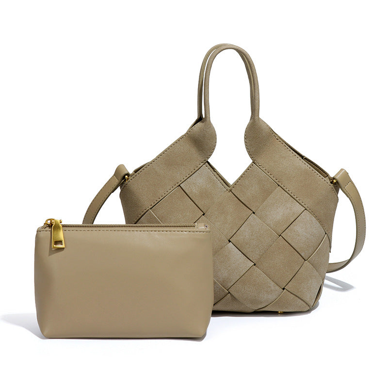 时尚磨砂高级感手拎单肩女包小众手工编织包包简约潮流子母斜挎包