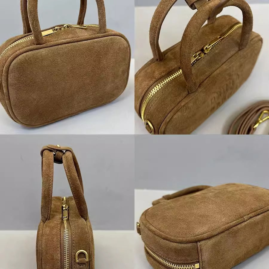 秋冬麂皮磨砂牛皮mini保龄球手提包真皮小方包手机包单肩斜挎包女