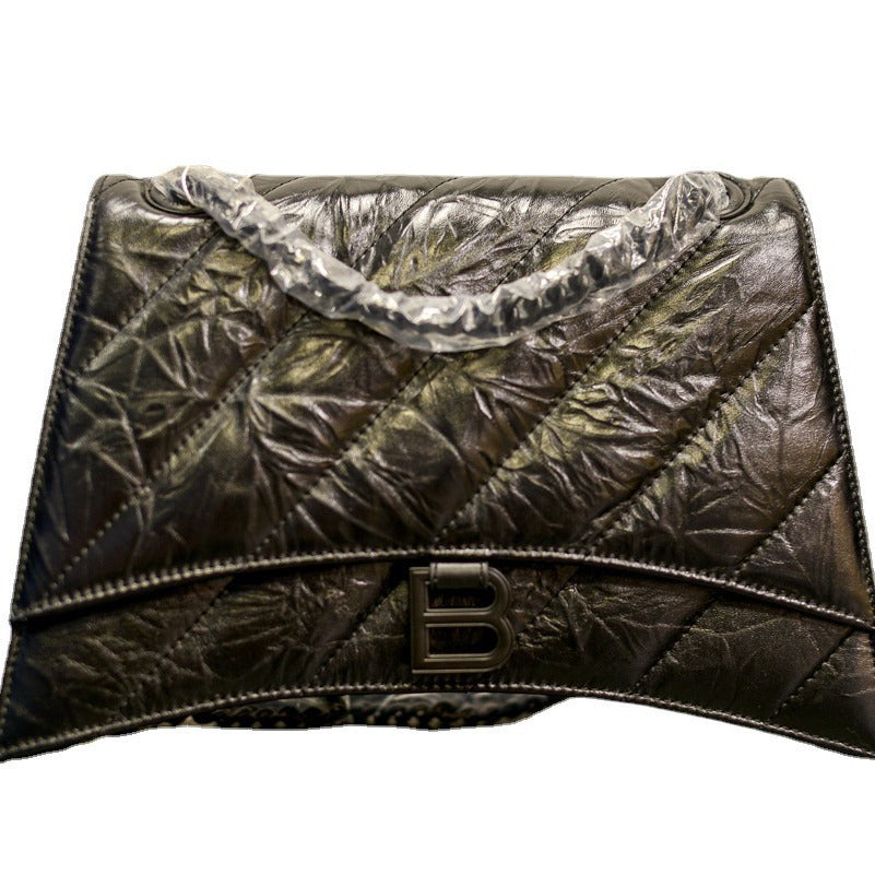 头层牛皮沙漏包2022秋冬新款褶皱菱格链条包b家单肩斜挎女通勤