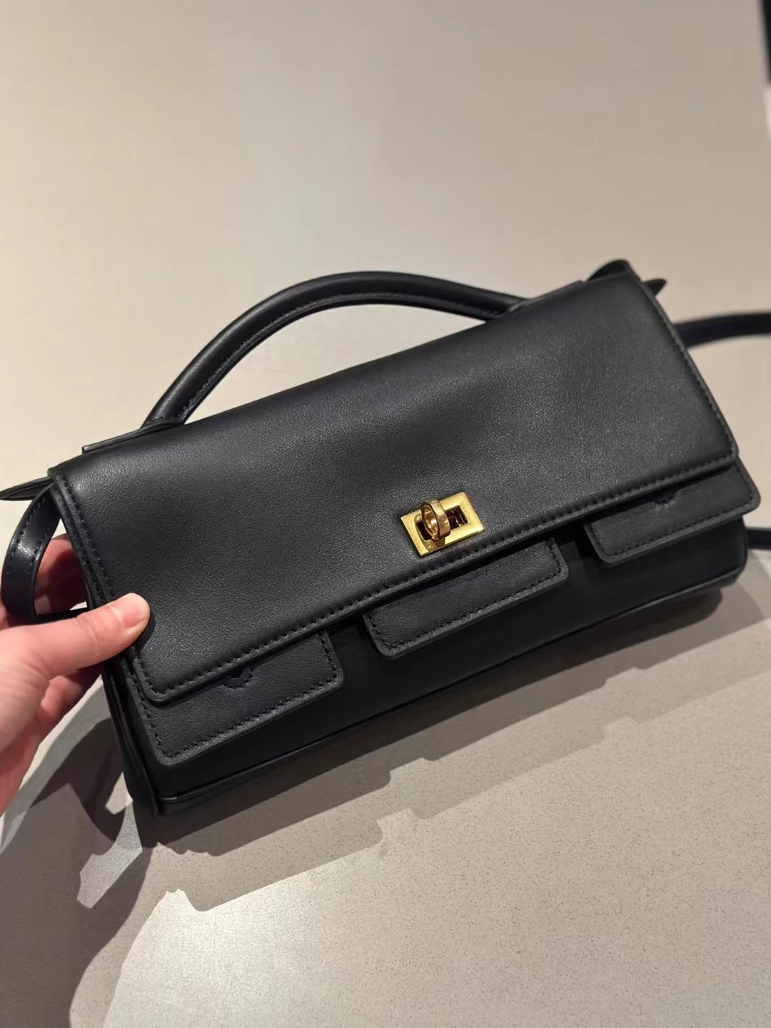 B家手提包晚宴真皮女包时尚单肩法棍包高级简约纯色轻奢百搭包包