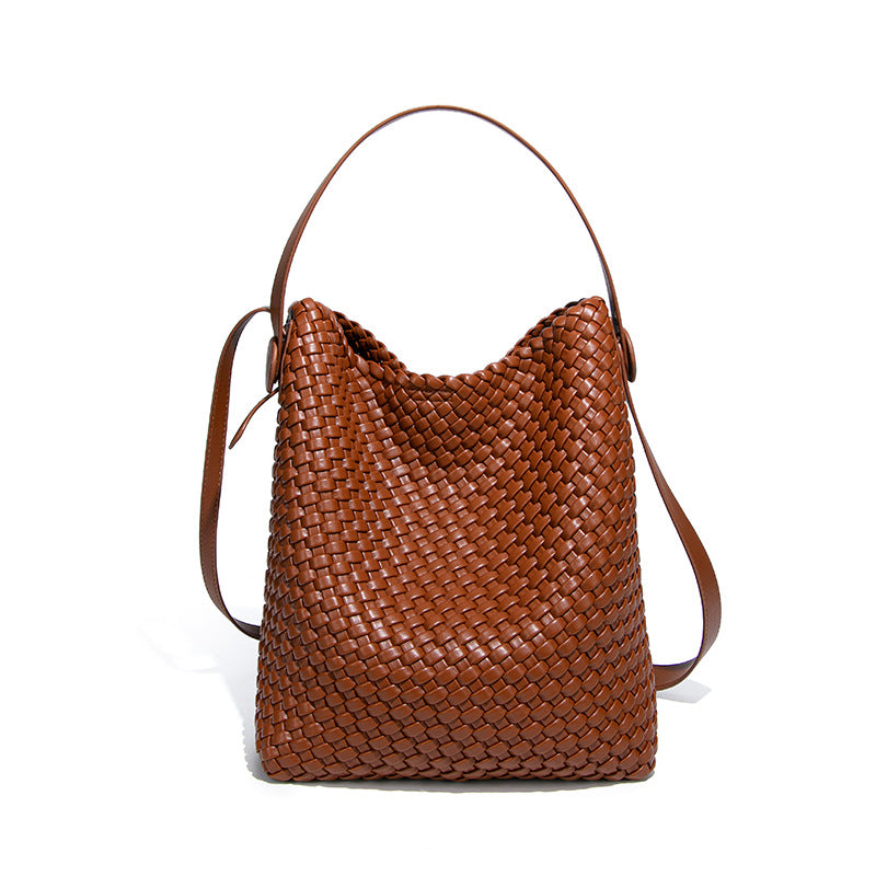 外贸复古大容量水桶包真皮单肩腋下时尚编织女包高级感手提子母包