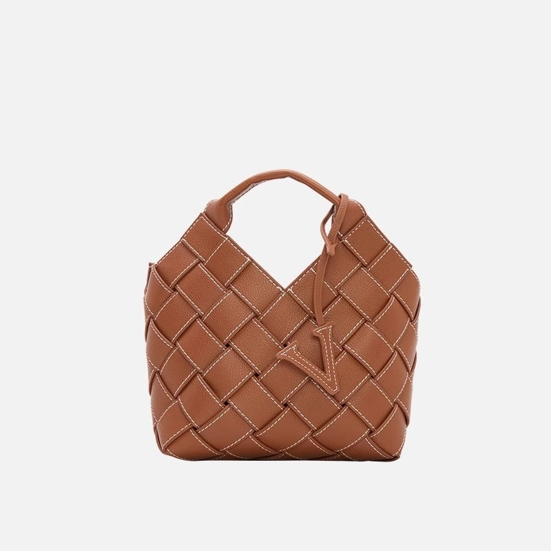 欧美时尚 轻奢高级质感牛皮菜篮子编织包单肩手提包女一件代发