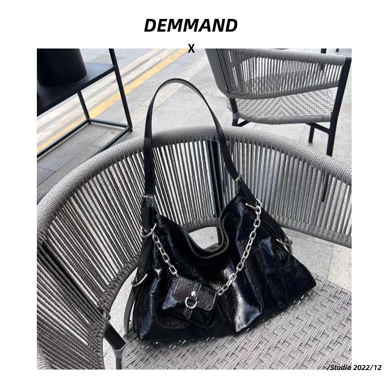 质感牛皮托特包女大容量机车包黑色通勤大包包斜挎单肩水桶包真皮