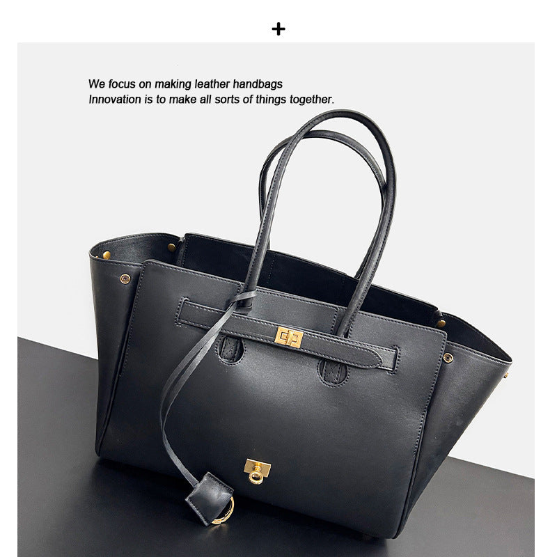 2024冬季新款锁扣托特包大容量中性机车包女头层牛皮真皮单肩包包