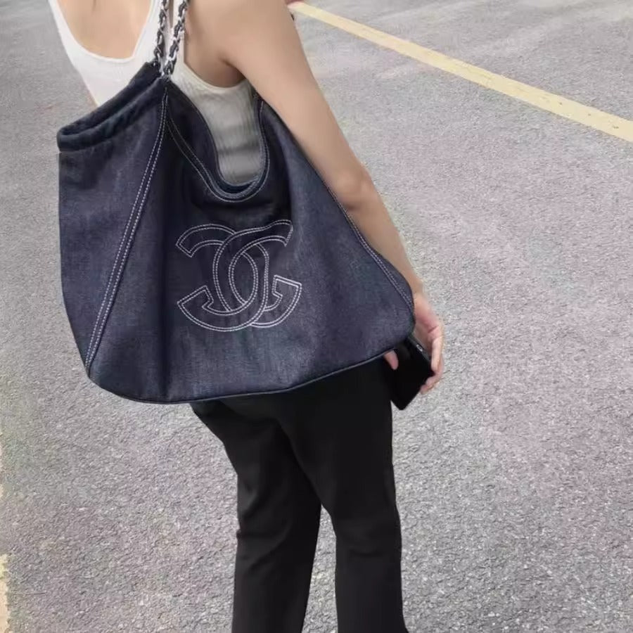 小香风牛仔布单肩包帆布大包包Vintage中古腋下包大容量托特包女