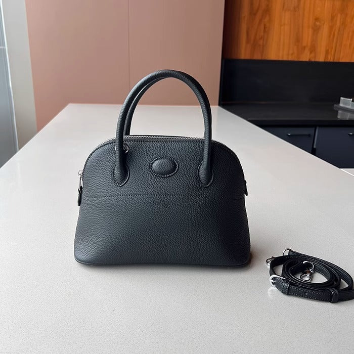 新款荔枝纹真皮贝壳包头层牛皮保龄球手提包拉链大容量通勤女包