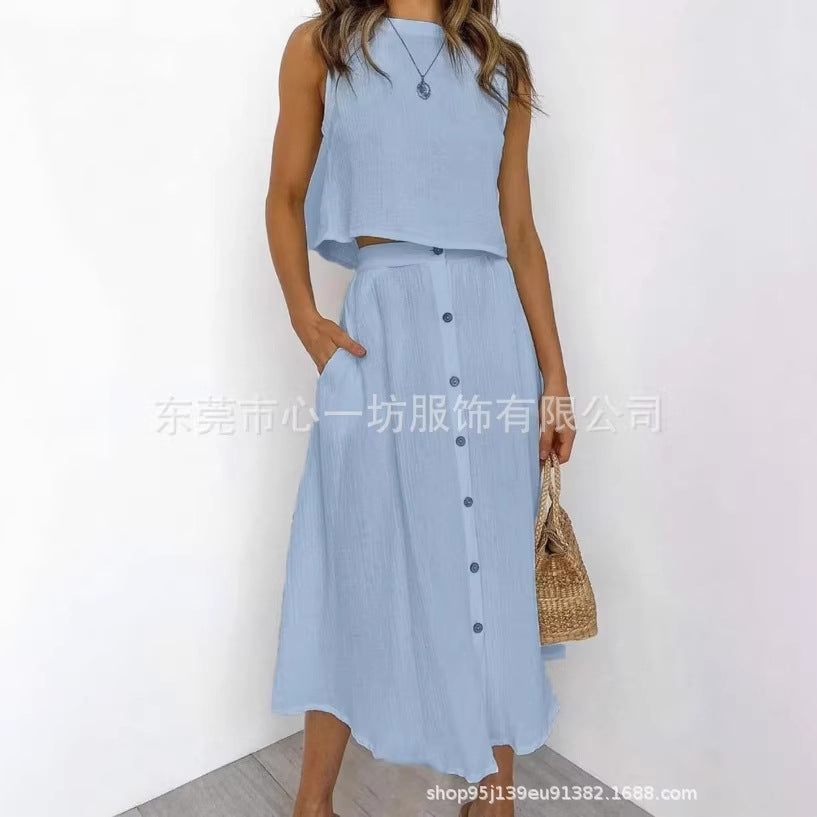 2026独立站亚马逊新款圆领背心衬衫中长款排扣连衣裙两件套装