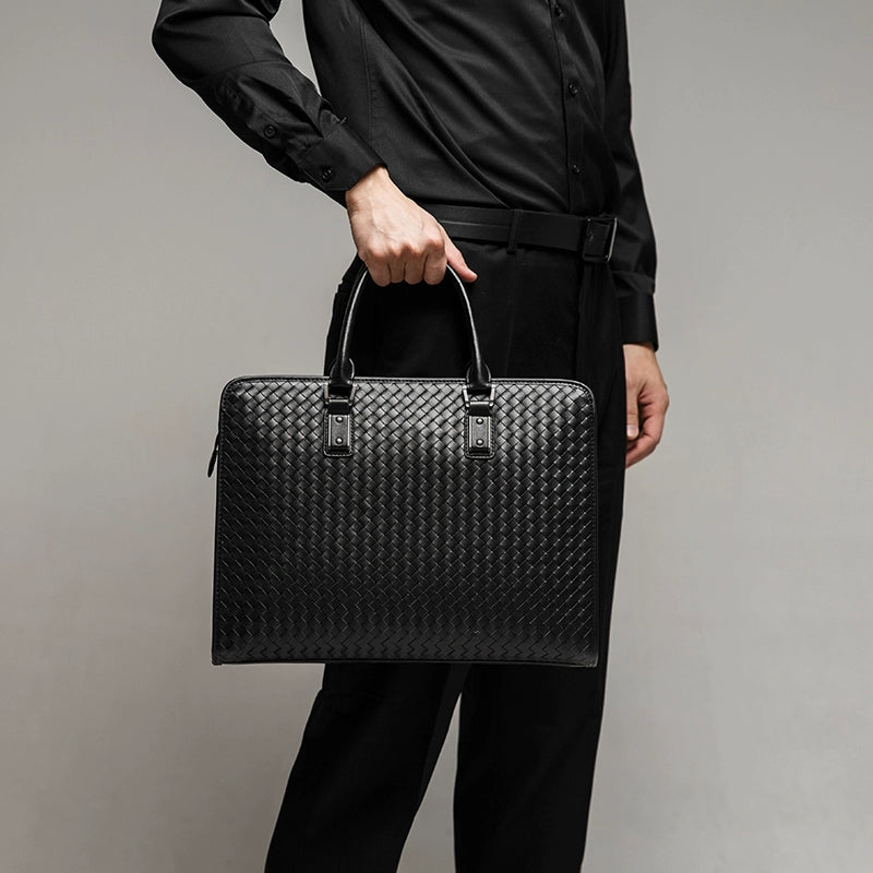 X&BV男士手提包商务真皮大容量青年横款编织男包公文包单肩斜挎包