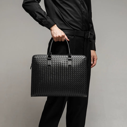 X&BV男士手提包商务真皮大容量青年横款编织男包公文包单肩斜挎包