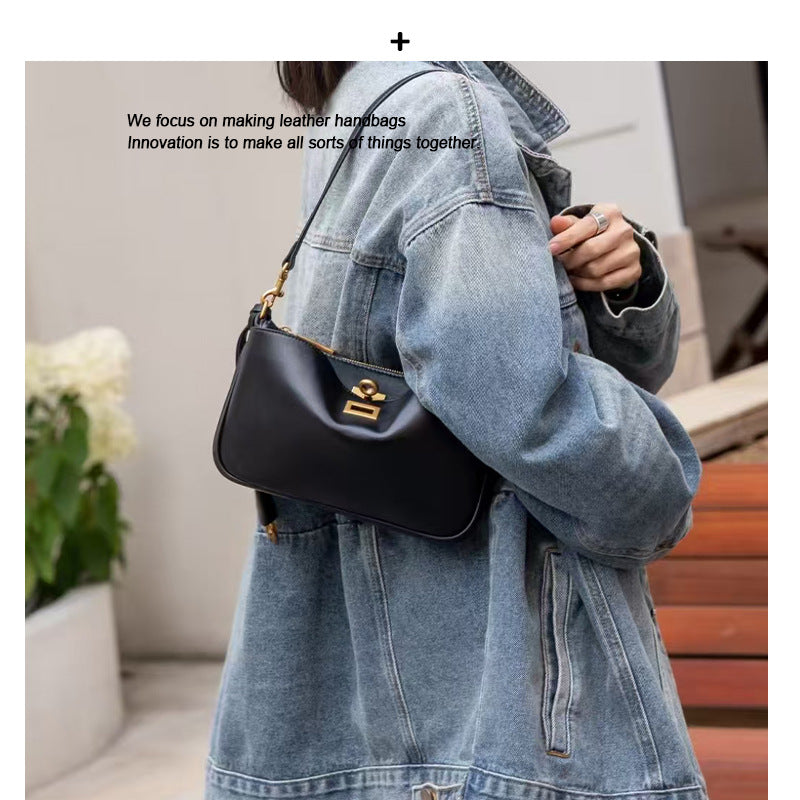 头层牛皮真皮女包腋下包锁扣小方包机车手提包法棍包单肩包斜挎包