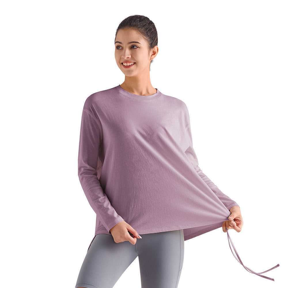 宽松抽绳运动上衣女透气速干健身T恤防晒跑步瑜伽服长袖休闲罩衫