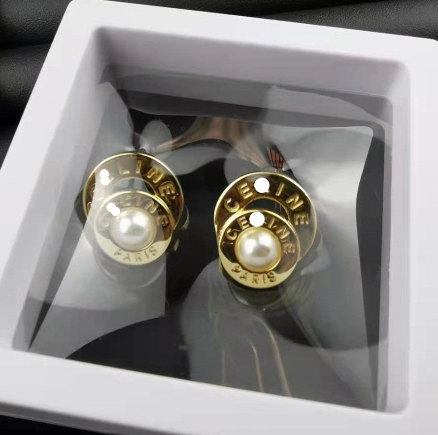 赛家新款法式双层帽子纽扣耳环气质欧美复古时髦饰品珍珠耳钉女