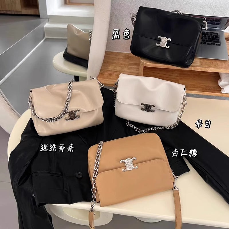 新款凯旋门软皮翻盖公文包单肩斜挎真皮子母包链条斜挎包无痕代发