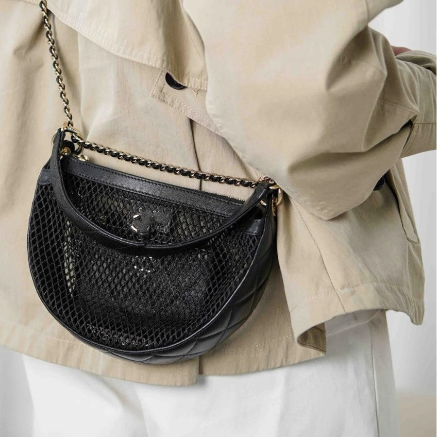 小香风25S编织镂空新月包高级感真皮单肩斜挎链条包手提DIY网纱包