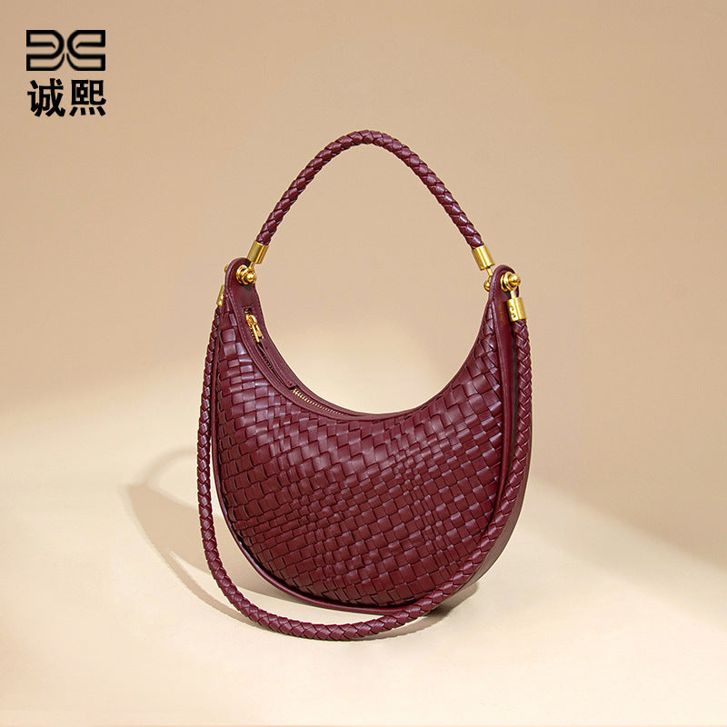 跨境定制贴标斜跨编织女包纯色质感手提单肩腋下包小众月牙饺子包