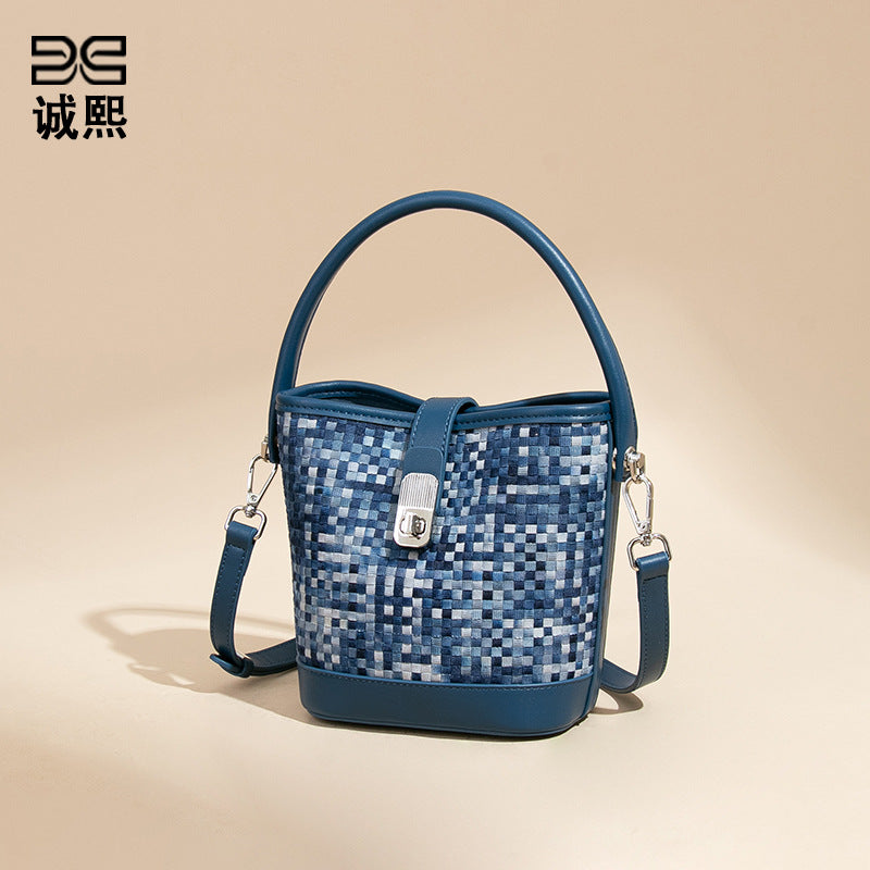 潮流撞色手提包个性百搭编织女包大容量水桶包质感休闲单肩斜跨包