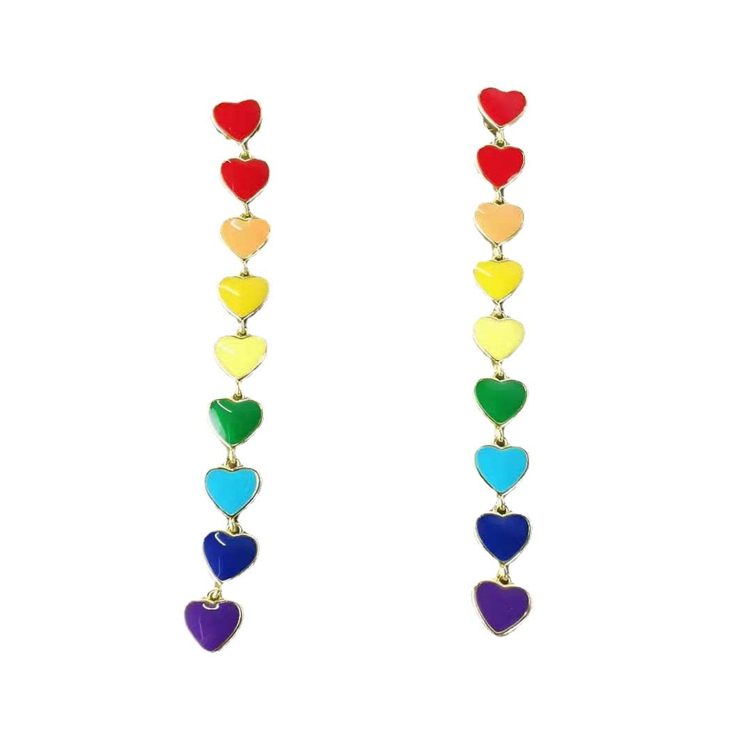 赛林新款桃心耳钉彩虹糖果色红色金珐琅耳坠滴釉渐变爱心气质耳环