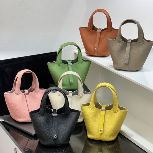 小鸡黄菜篮子包包女手提水桶包大容量2024新款百搭牛皮手拎子母包