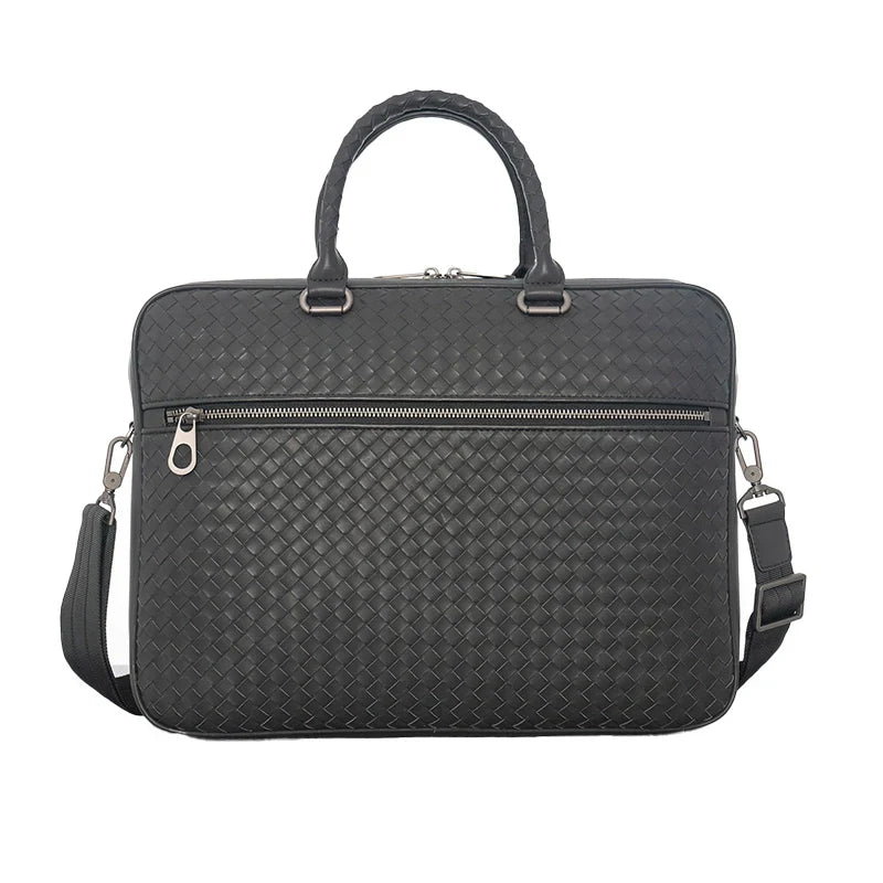 X&BV公文包男商务简约真皮手提包横款编织男士单肩斜挎包大容量潮