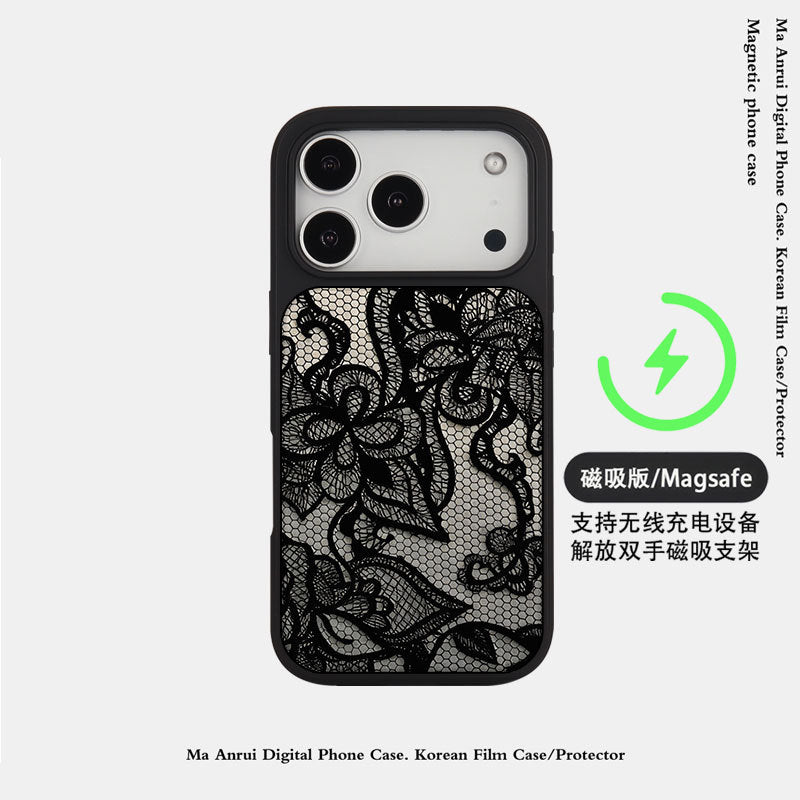 外贸蕾丝花纹适用苹果16pro晶瓷手机壳iPhone17亚克力PC磨砂防摔