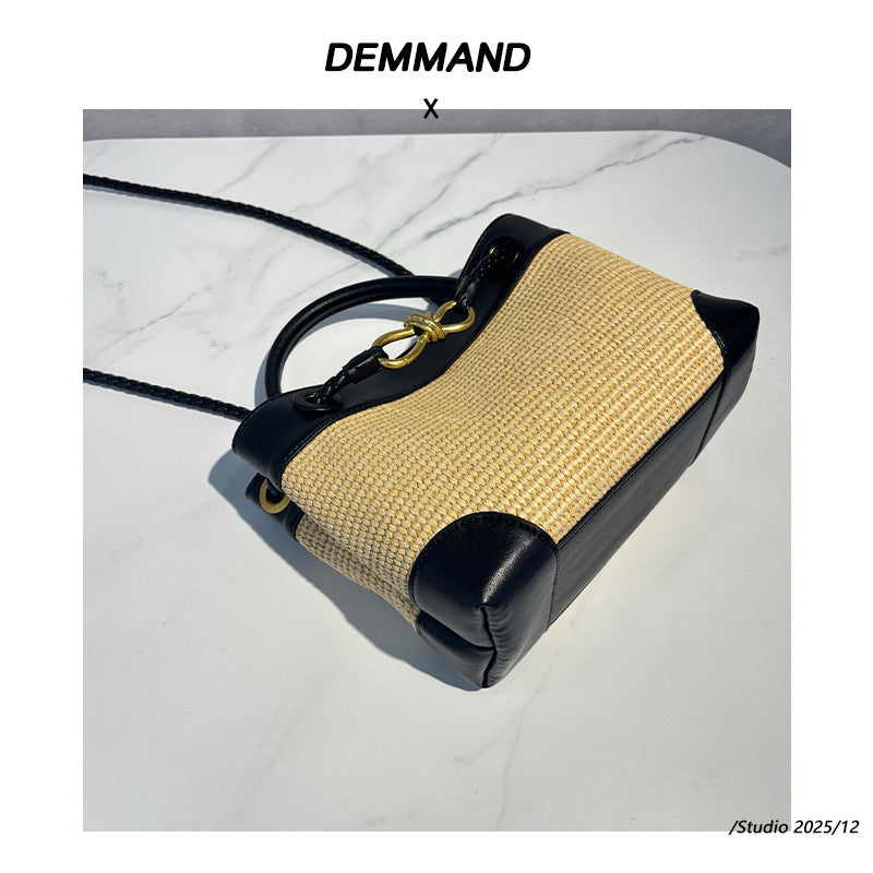 2025跨境新款包包彩虹草编单肩包包女休闲水桶包沙滩慵懒风女包